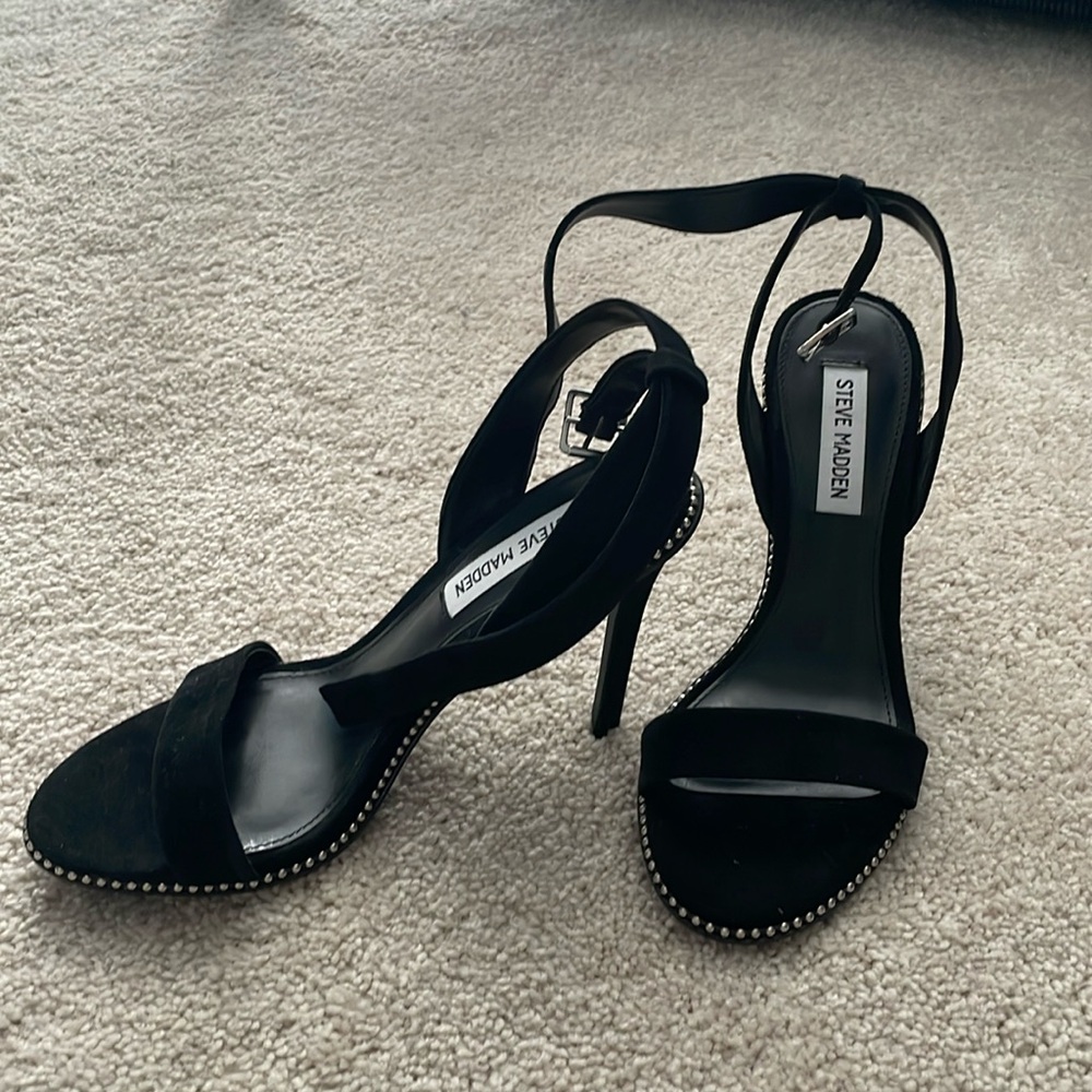 Black suede high heel sandals